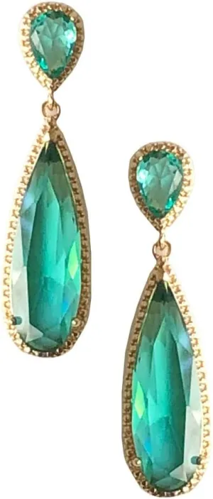 Gold Tone Antique Vintage Retro Art Deco Style Gatsby Flapper Teal Green Aquamarine Topaz Tourmaline Rhinestone Wedding Earrings
