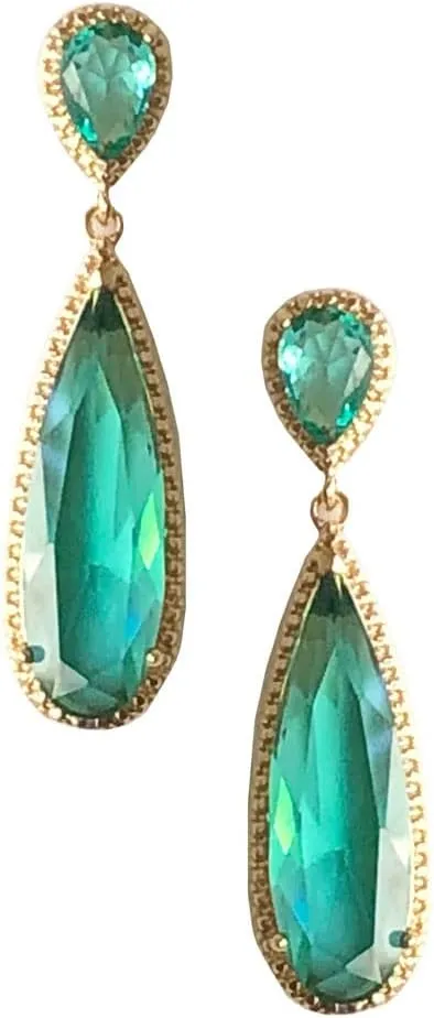 Gold Tone Antique Vintage Retro Art Deco Style Gatsby Flapper Teal Green Aquamarine Topaz Tourmaline Rhinestone Wedding Earrings