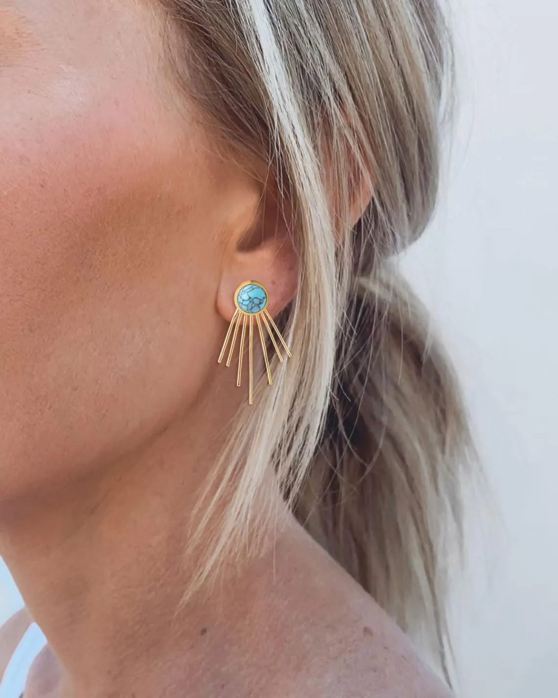 Golden Sun Ray Jacket Earrings Sunburst Charm Round Stone Ear Studs Modern Celestial Statement Earrings for Women