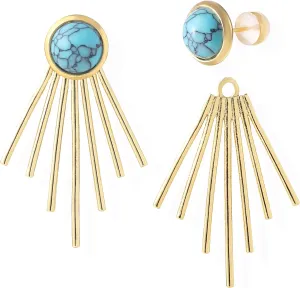 Golden Sun Ray Jacket Earrings Sunburst Charm Round Stone Ear Studs Modern Celestial Statement Earrings for Women
