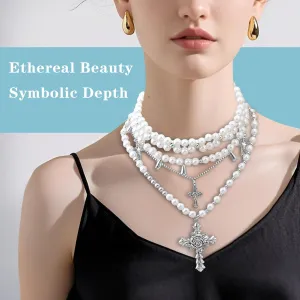 Gothic Cross Pearl Stacked Necklace Layered Pearl Necklace for Women