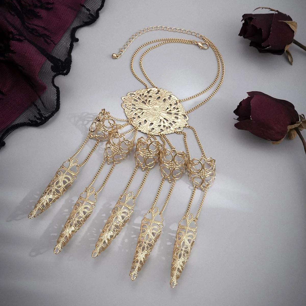Gothic Vintage Witch Finger Nail Tip Claw Chain Rings for Women Belly Dance Gypsy Egyptian Bracelet with Finger Nails for Halloween Costume Party Jewelry