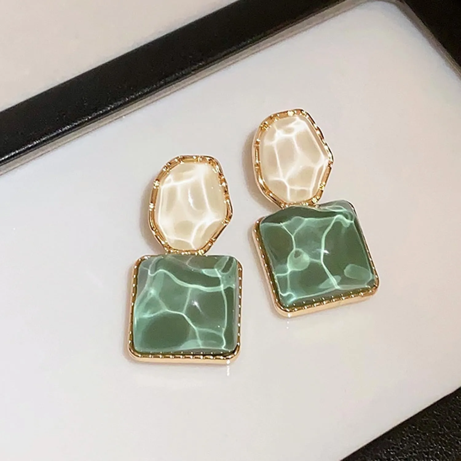 Green Geometric Statement Earrings for Women Unique Dangle Earrings Large Drop Earrings Gold Stud Earring Prom Jewelry for Women