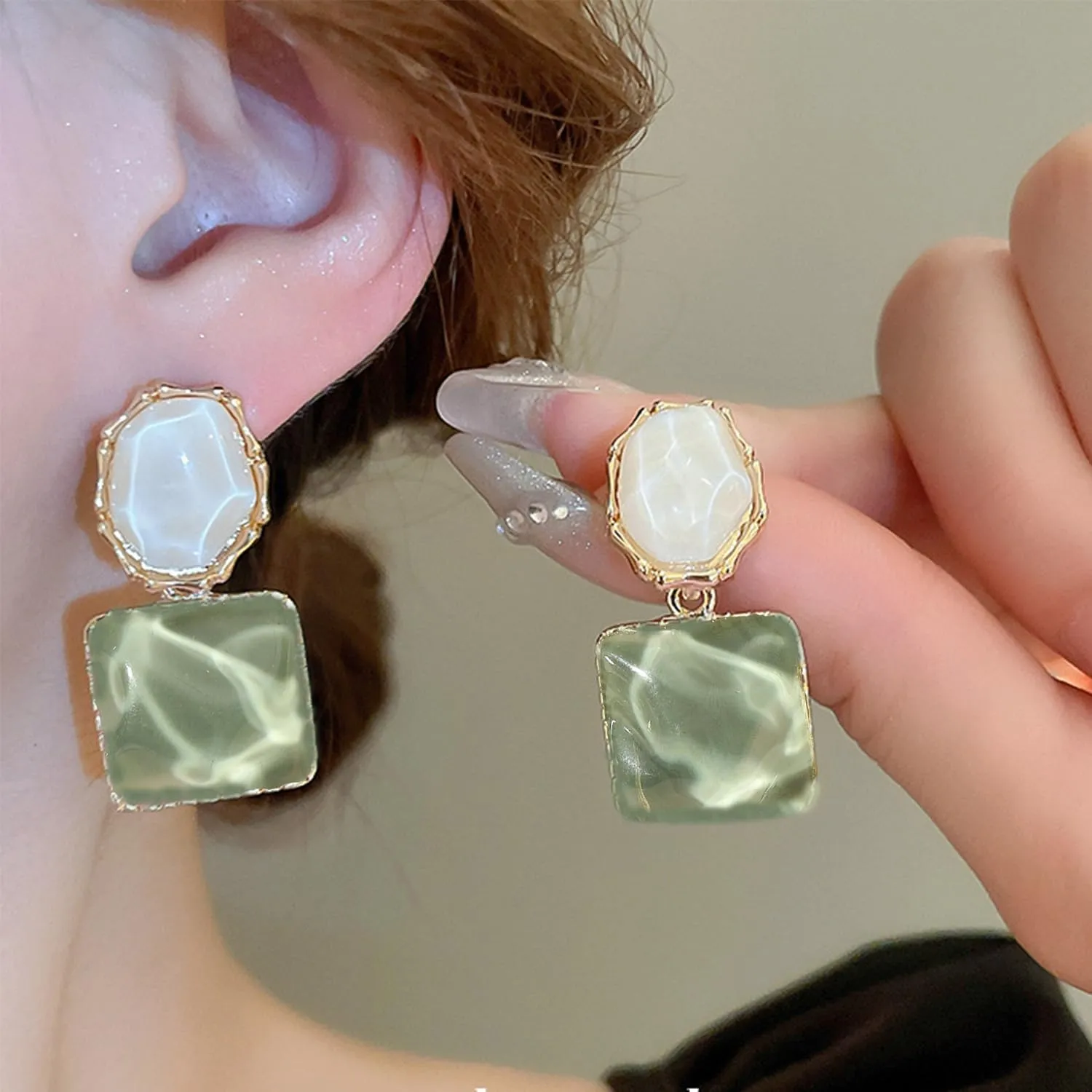 Green Geometric Statement Earrings for Women Unique Dangle Earrings Large Drop Earrings Gold Stud Earring Prom Jewelry for Women