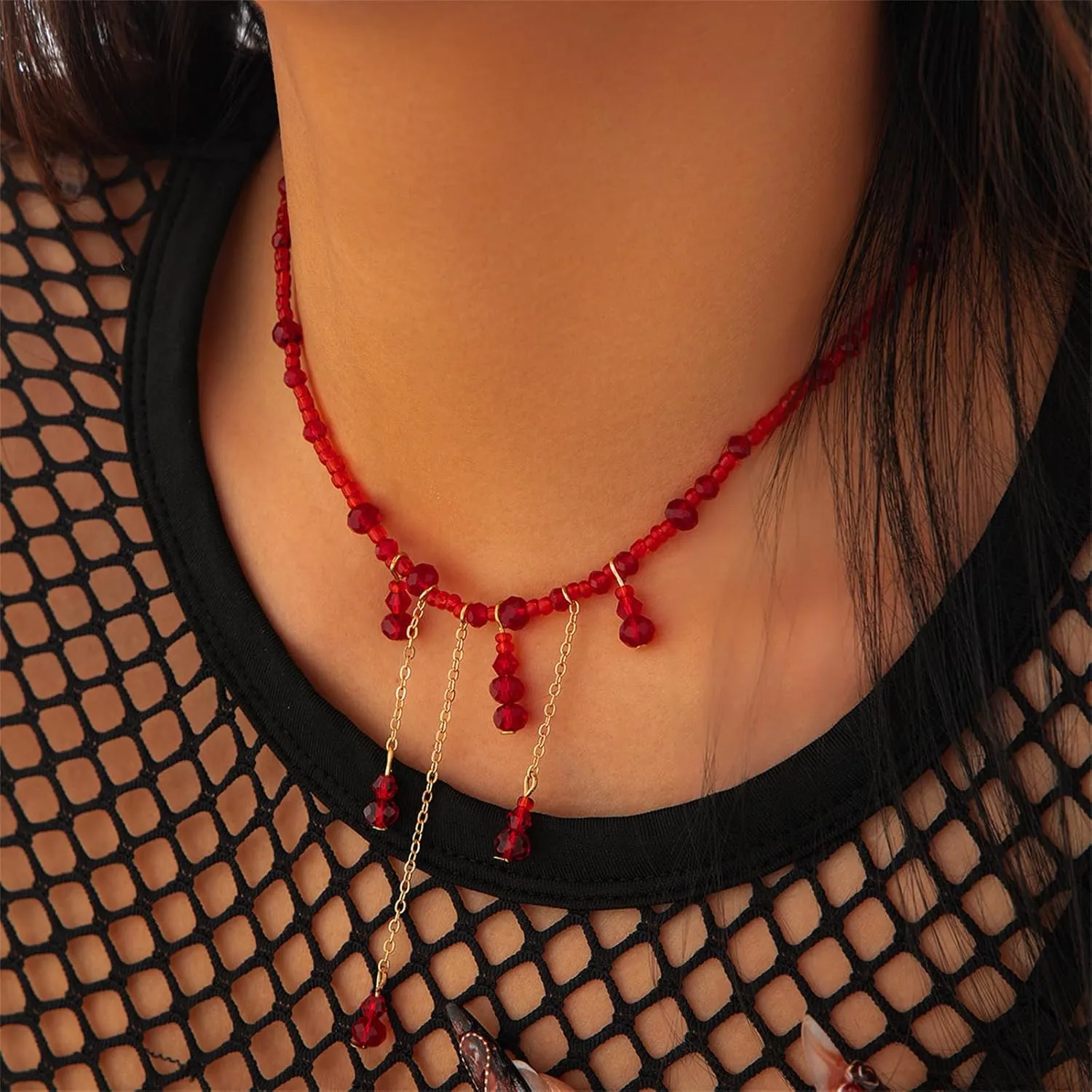 GYRMMUE Gothic Blood Pendant Necklace,Vintage Black Red Crystal Bead Teardrop Necklace Punk Style BloodDripping Choker Goth Vampire Halloween Jewelry