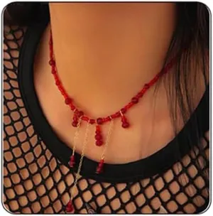 GYRMMUE Gothic Blood Pendant Necklace,Vintage Black Red Crystal Bead Teardrop Necklace Punk Style BloodDripping Choker Goth Vampire Halloween Jewelry