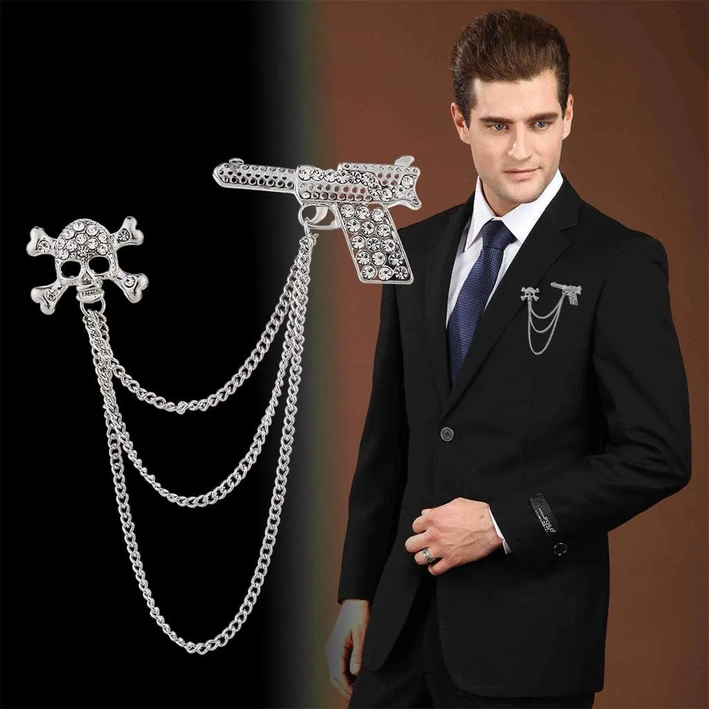 Halloween Skull Brooch Pin,Vintage Skull Rhinestone Brooch Chain Tassel Skeleton Ghost Brooch Suit Badge for Unisex Men