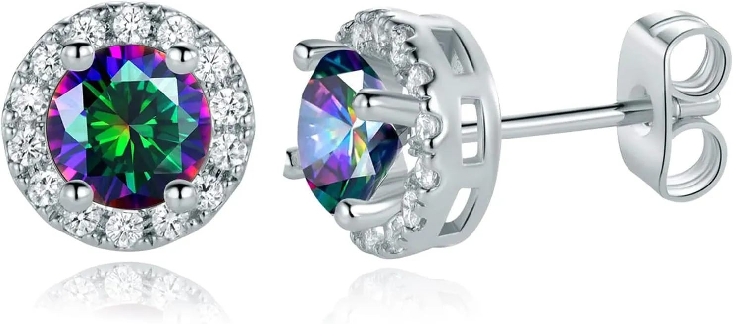 Halo CZ Rainbow Cubic Zirconia Stud Earrings for Men | Round/Cushion Gemstone Studs Hypoallergenic Earring|18K White Gold Plated Elegant Jewelry Mother's Day Gifts