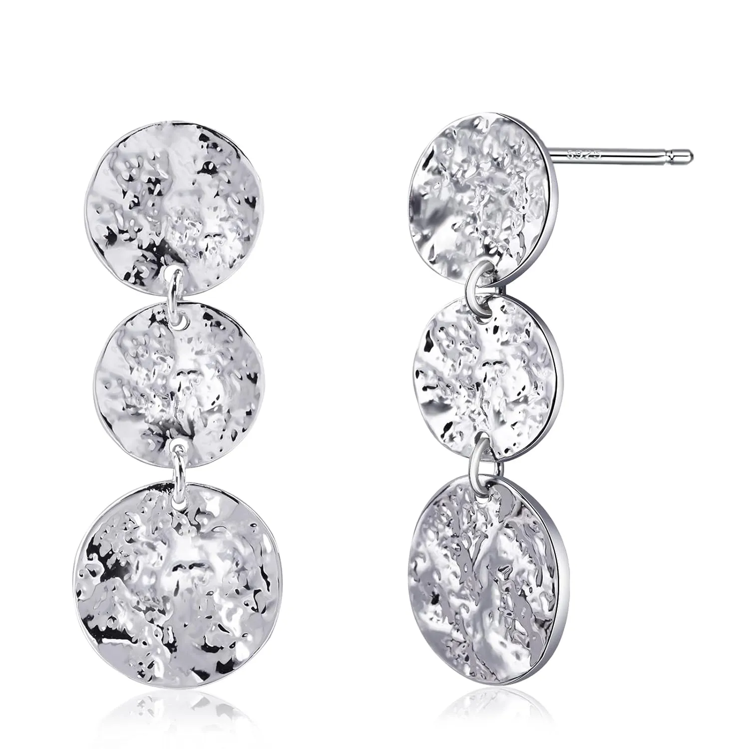 Hammered Silver Drop Dangle Earrings Three Round Earrings Long Boho Hammered Jewelry Silver Earrings for Women