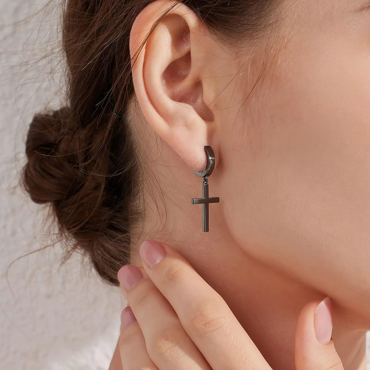 Han han 18K White Gold Plated Cross Earrings for Women, 925 Sterling Silver Cross Dangle Earrings, Simple Cross Hoop Earrings for Men Women, Silver/Rose Gold/Gold Color Cross Jewelry