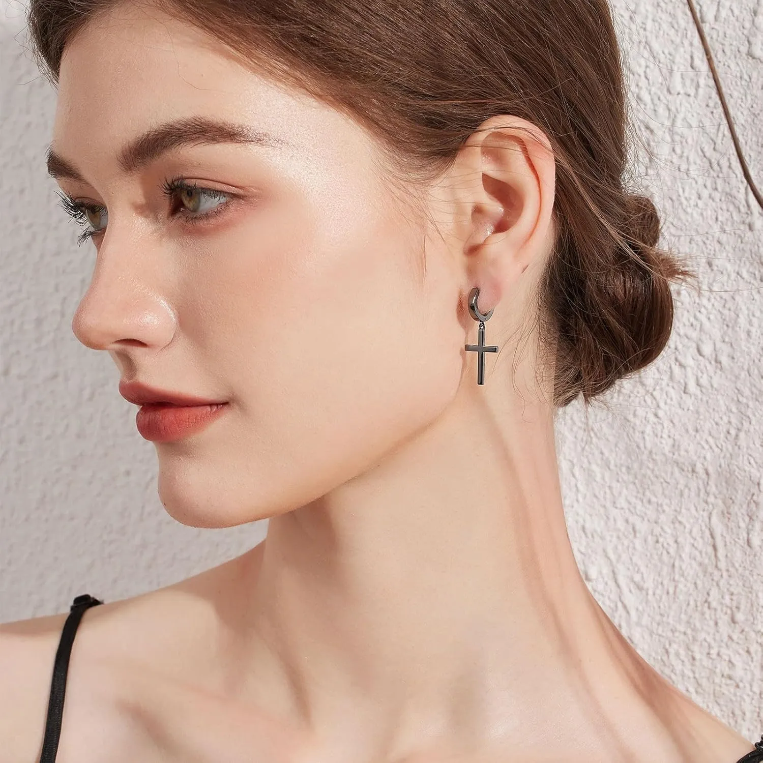 Han han 18K White Gold Plated Cross Earrings for Women, 925 Sterling Silver Cross Dangle Earrings, Simple Cross Hoop Earrings for Men Women, Silver/Rose Gold/Gold Color Cross Jewelry