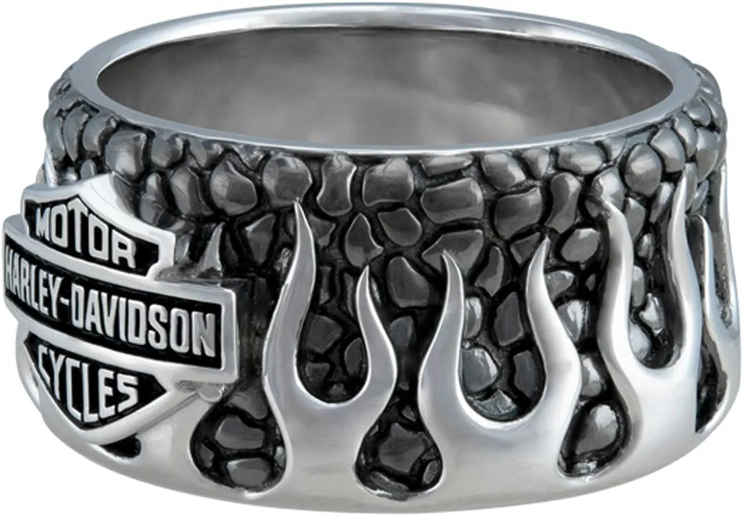 Harley-Davidson Men's Textured Flames Bar & Shield Stainless Steel Metal Ring