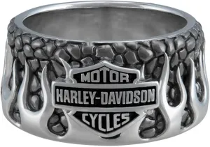 Harley-Davidson Men's Textured Flames Bar & Shield Stainless Steel Metal Ring