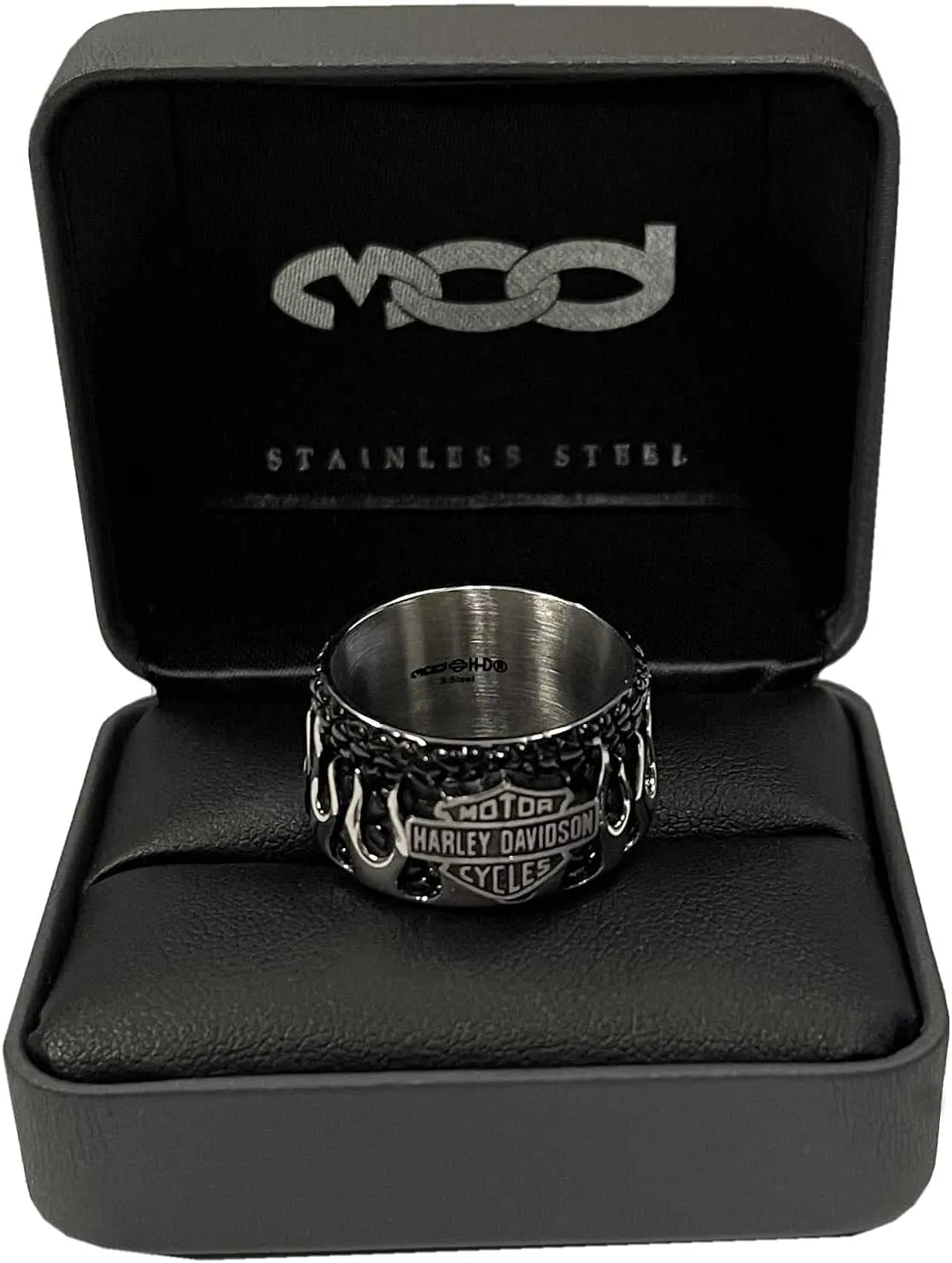Harley-Davidson Men's Textured Flames Bar & Shield Stainless Steel Metal Ring