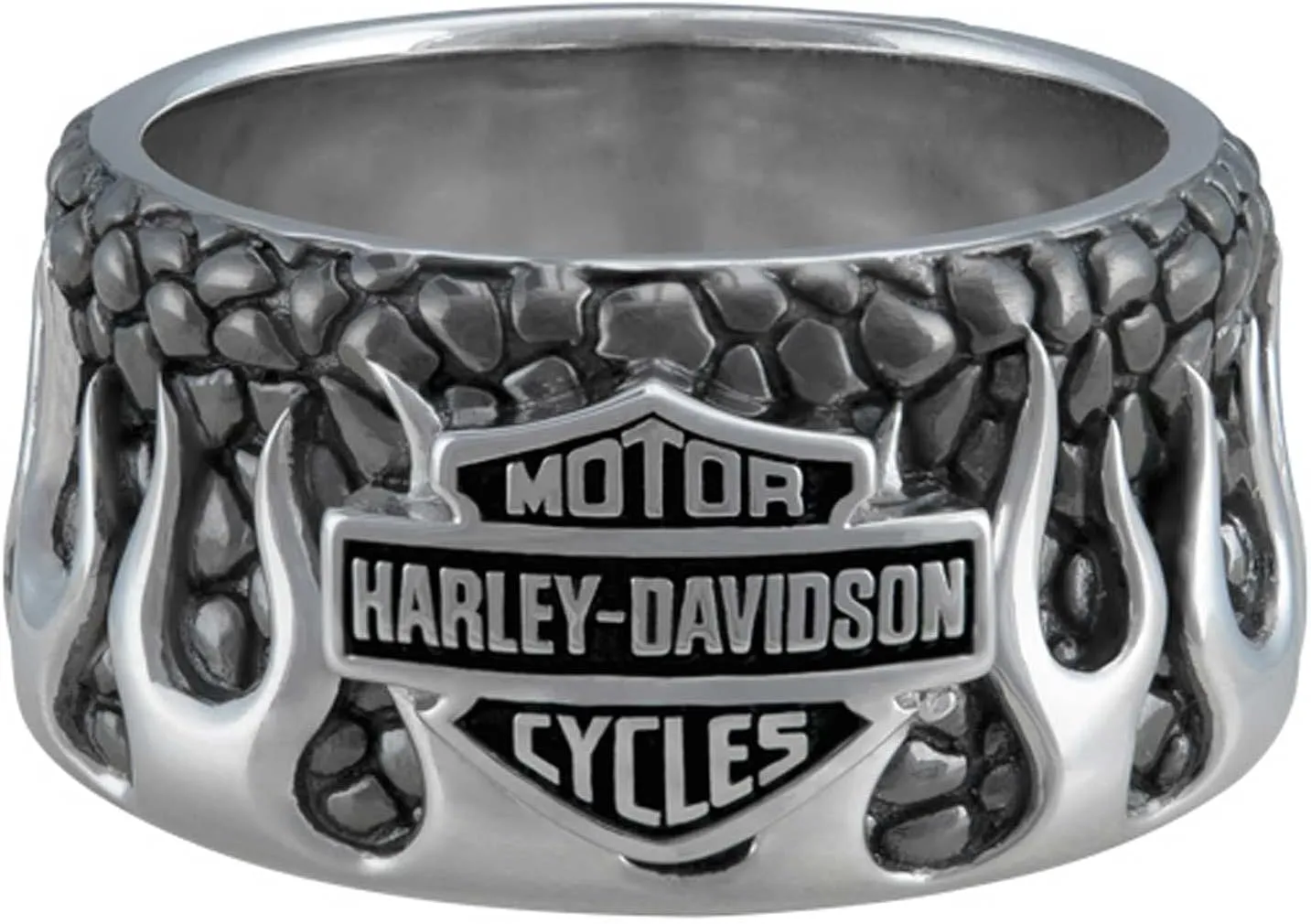 Harley-Davidson Men's Textured Flames Bar & Shield Stainless Steel Metal Ring