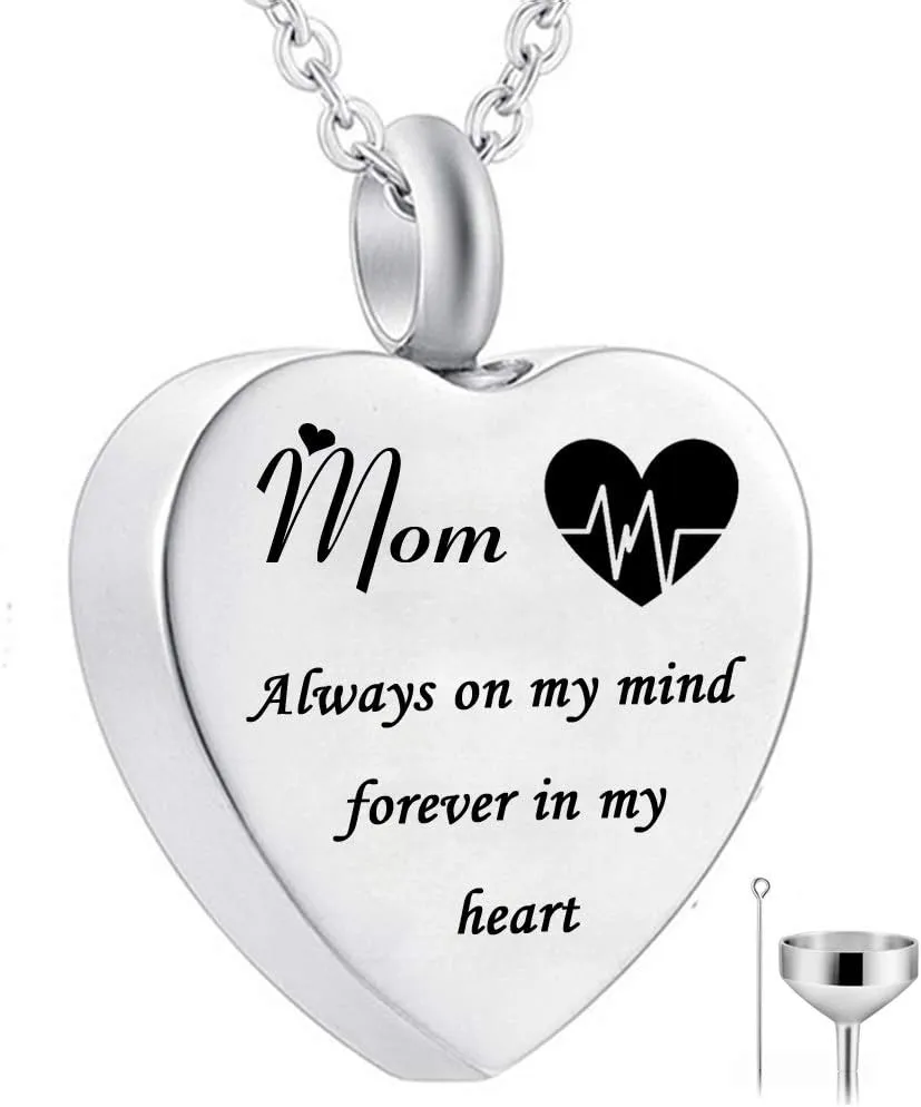 Heart Urn Necklace for Ashes Always on My Mind Forever in My Heart Cremation Jewelry Memorial Ashes Keepsake Pendant Birthstone Jewelry (mom)