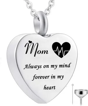Heart Urn Necklace for Ashes Always on My Mind Forever in My Heart Cremation Jewelry Memorial Ashes Keepsake Pendant Birthstone Jewelry (mom)