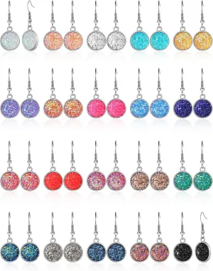 Hicarer 20 Pairs Faux Druzy Drop Earrings Simulated Stone Dangle Rainbow Crystal Earrings(Round Shape Style)