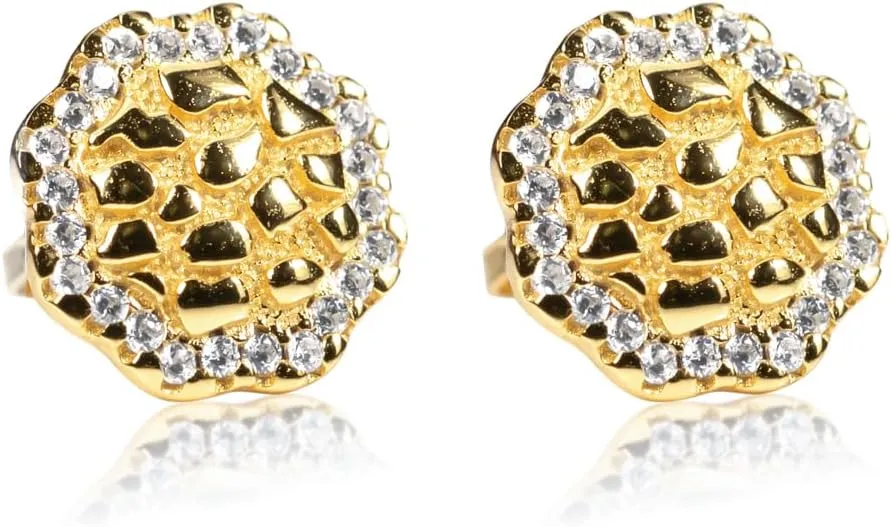 Hip Hop Round 14K Yellow Gold Plated 925 Sterling Silver Circle Big 90's Ice Out Cz Man Hypoallergenic Solid Gold Nugget Large Stud Screw Back Post Earrings For Men