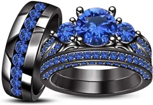 His Hers Trio Wedding Set Sterling Silver Blue Sapphire Bridal Band Engagement Couples Rings Him Her