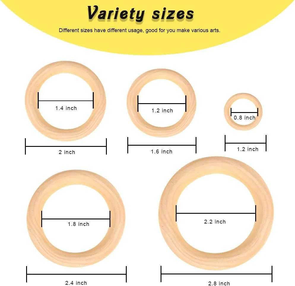HNYYZL 50 Pcs Unfinished Solid Wooden Rings for Craft, Ring Pendant and Connectors Jewelry Making, 5 Size