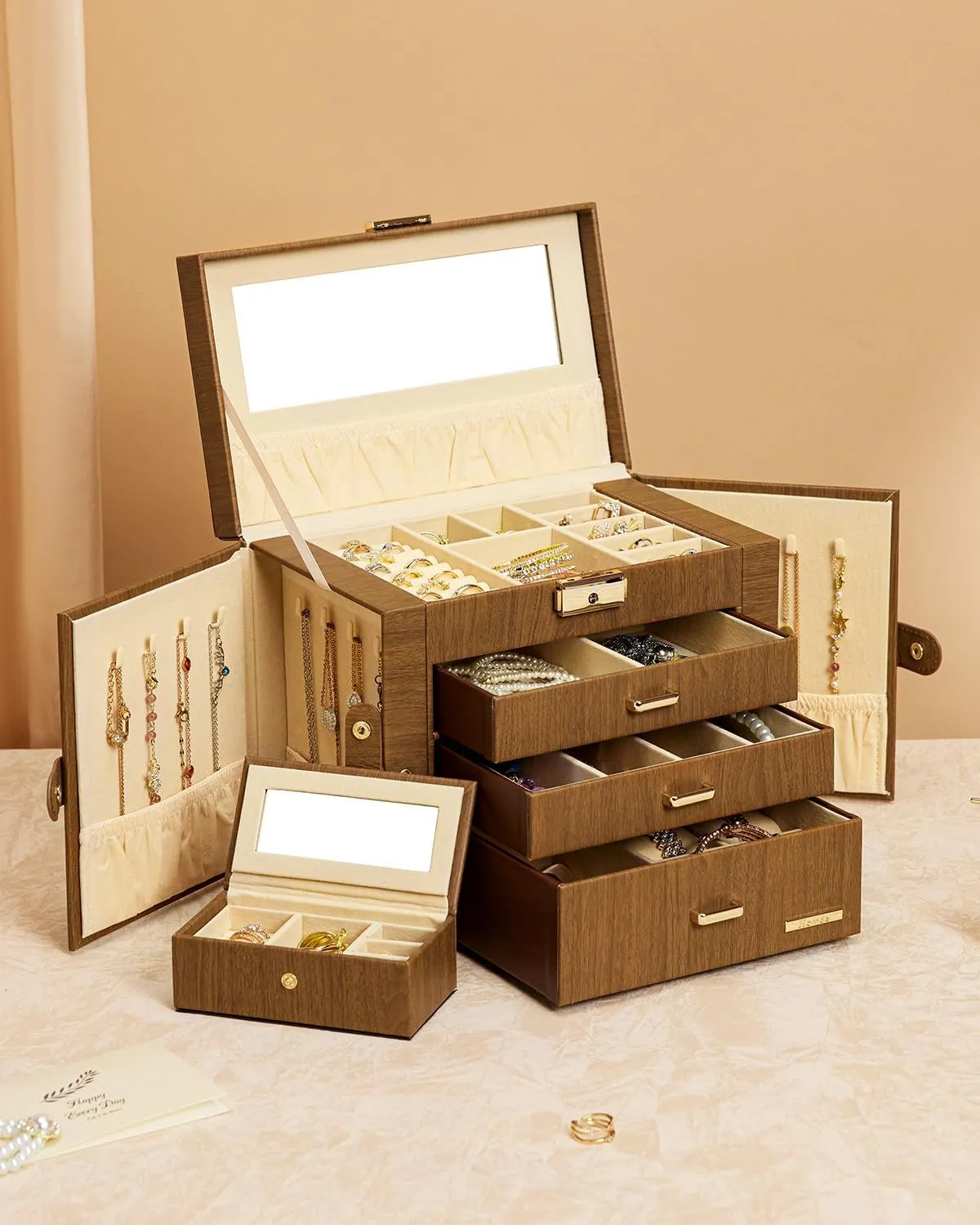 Homde 2 IN 1 Jewelry Box for Women Girls with Small Travel Case Mirror Necklace Ring Earrings Organizer (Brown   Gold)