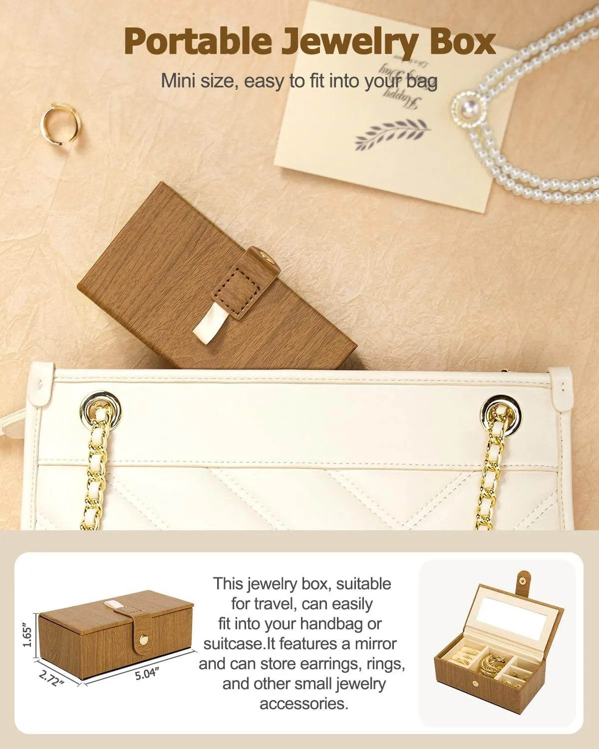 Homde 2 IN 1 Jewelry Box for Women Girls with Small Travel Case Mirror Necklace Ring Earrings Organizer (Brown   Gold)