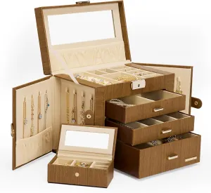 Homde 2 IN 1 Jewelry Box for Women Girls with Small Travel Case Mirror Necklace Ring Earrings Organizer (Brown   Gold)