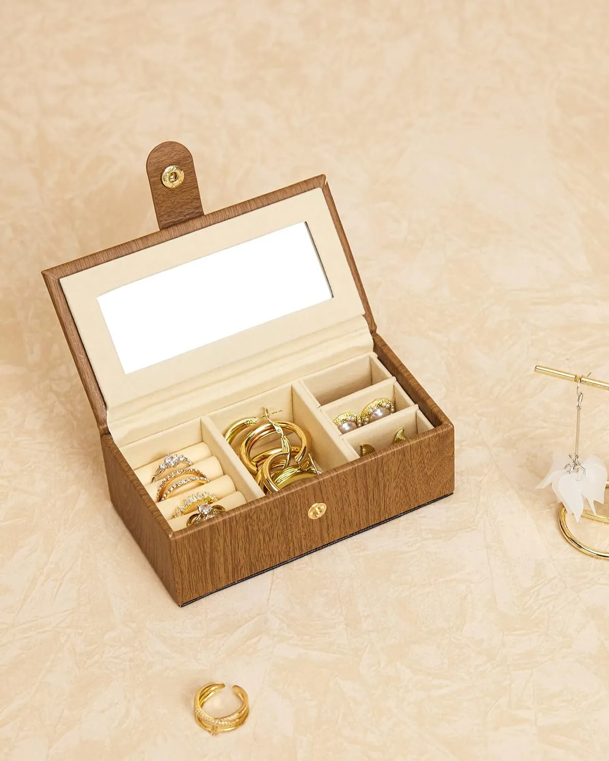 Homde 2 IN 1 Jewelry Box for Women Girls with Small Travel Case Mirror Necklace Ring Earrings Organizer (Brown   Gold)