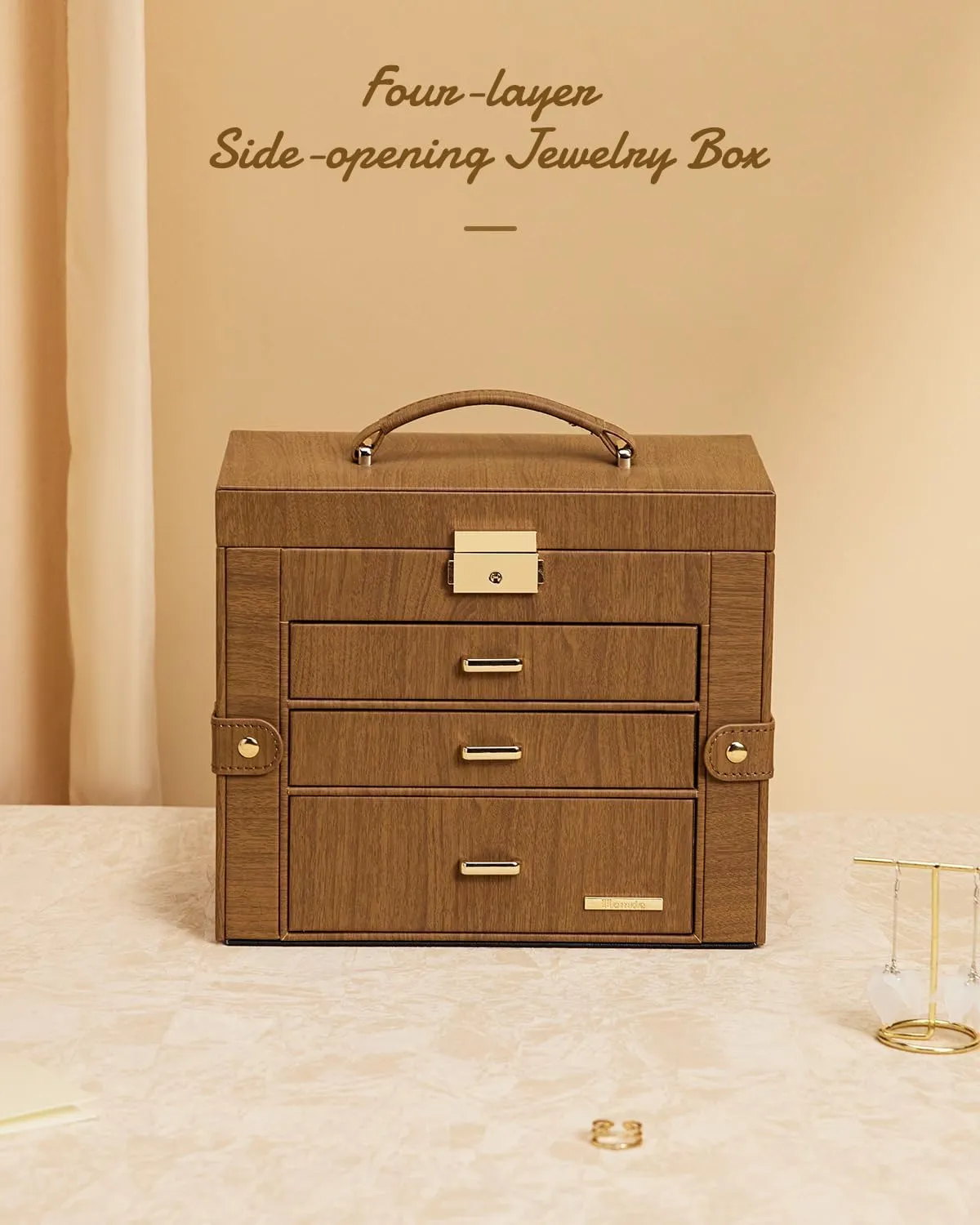 Homde 2 IN 1 Jewelry Box for Women Girls with Small Travel Case Mirror Necklace Ring Earrings Organizer (Brown   Gold)