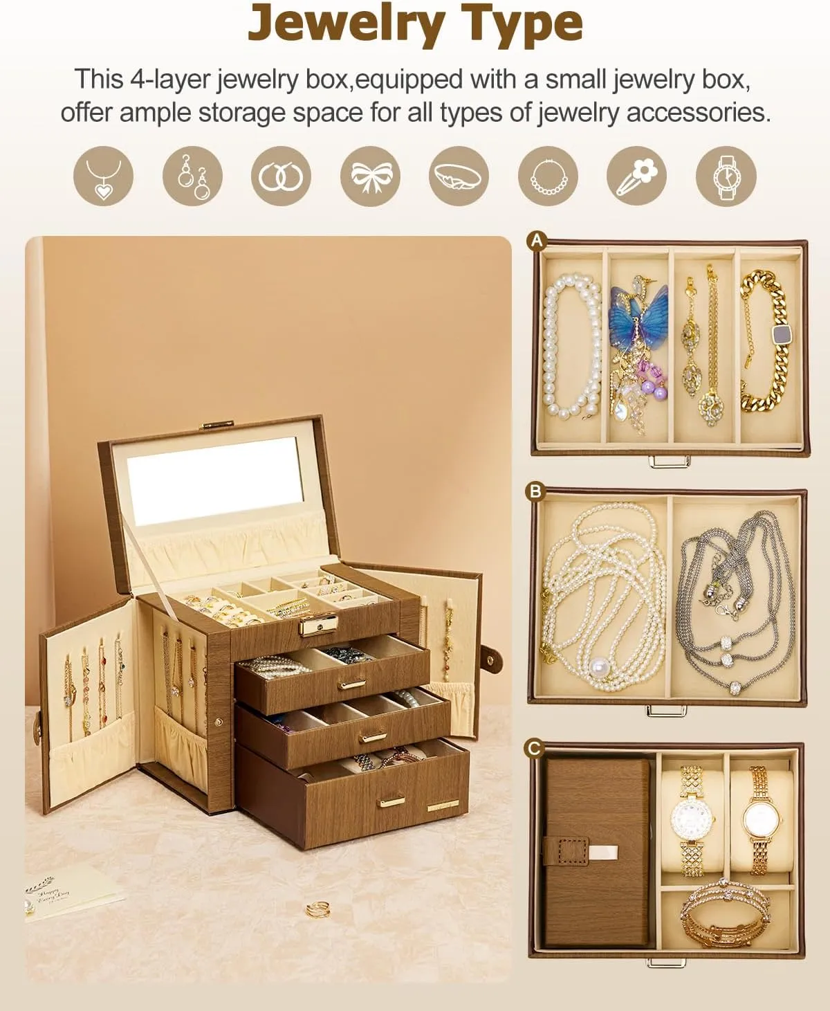 Homde 2 IN 1 Jewelry Box for Women Girls with Small Travel Case Mirror Necklace Ring Earrings Organizer (Brown   Gold)