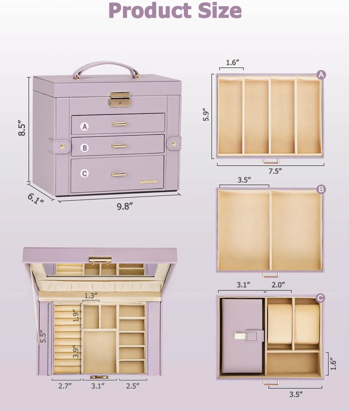Homde Jewelry Box for Women Girls with Small Travel Case Mirror Necklace Ring Earrings Organizer (Grey Purple   Gold)