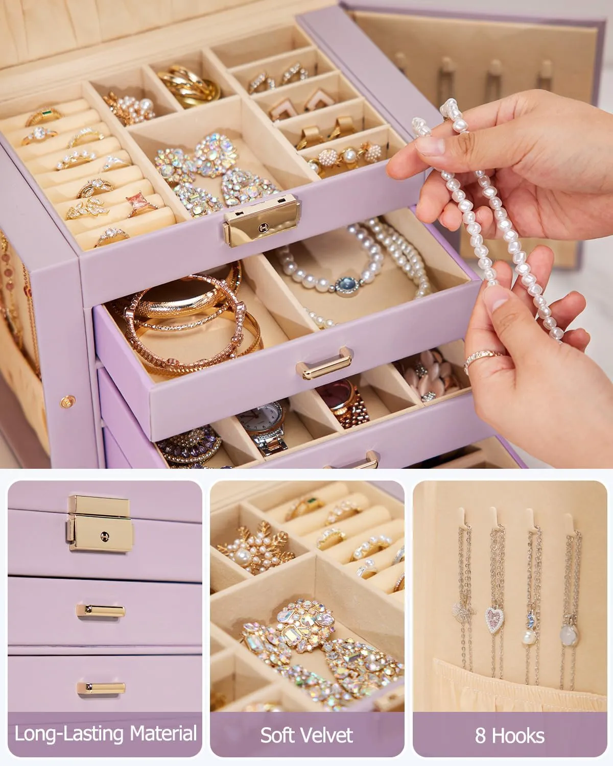 Homde Jewelry Box for Women Girls with Small Travel Case Mirror Necklace Ring Earrings Organizer (Grey Purple   Gold)