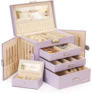 Homde Jewelry Box for Women Girls with Small Travel Case Mirror Necklace Ring Earrings Organizer (Grey Purple   Gold)