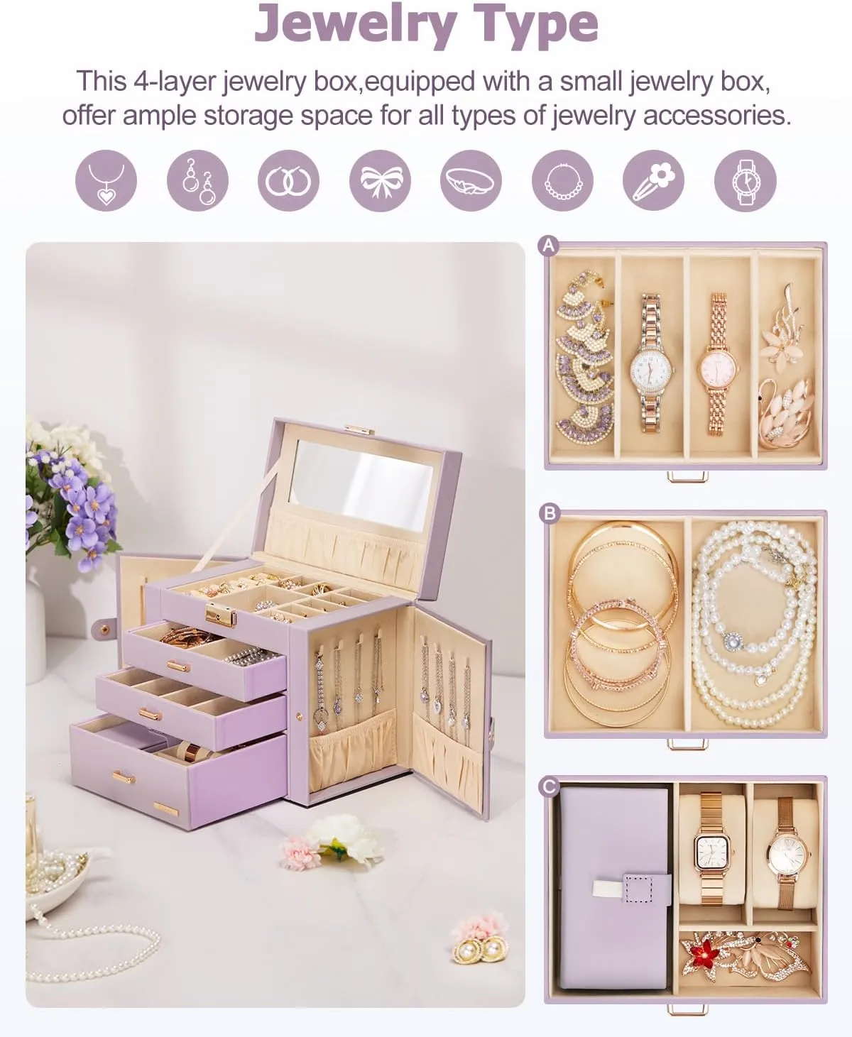 Homde Jewelry Box for Women Girls with Small Travel Case Mirror Necklace Ring Earrings Organizer (Grey Purple   Gold)