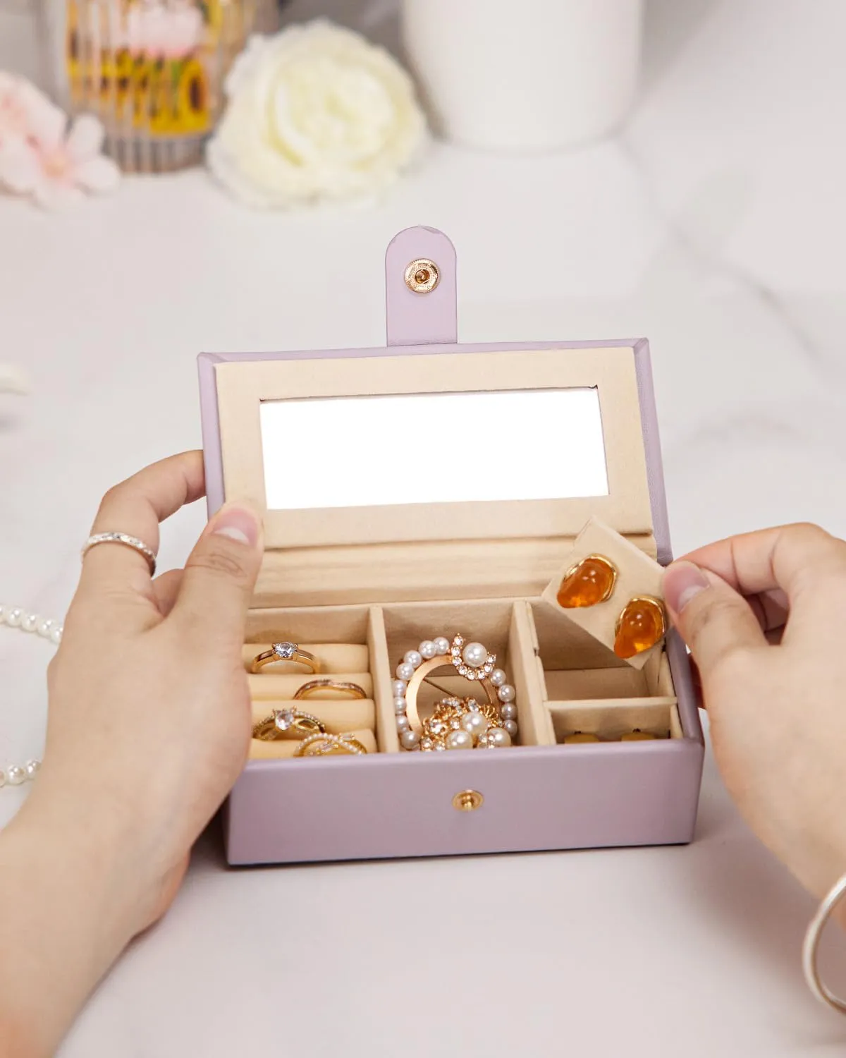 Homde Jewelry Box for Women Girls with Small Travel Case Mirror Necklace Ring Earrings Organizer (Grey Purple   Gold)