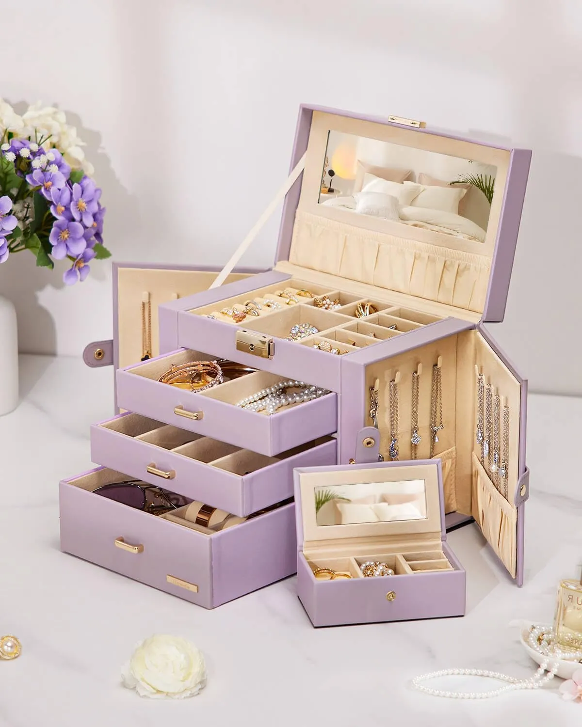Homde Jewelry Box for Women Girls with Small Travel Case Mirror Necklace Ring Earrings Organizer (Grey Purple   Gold)