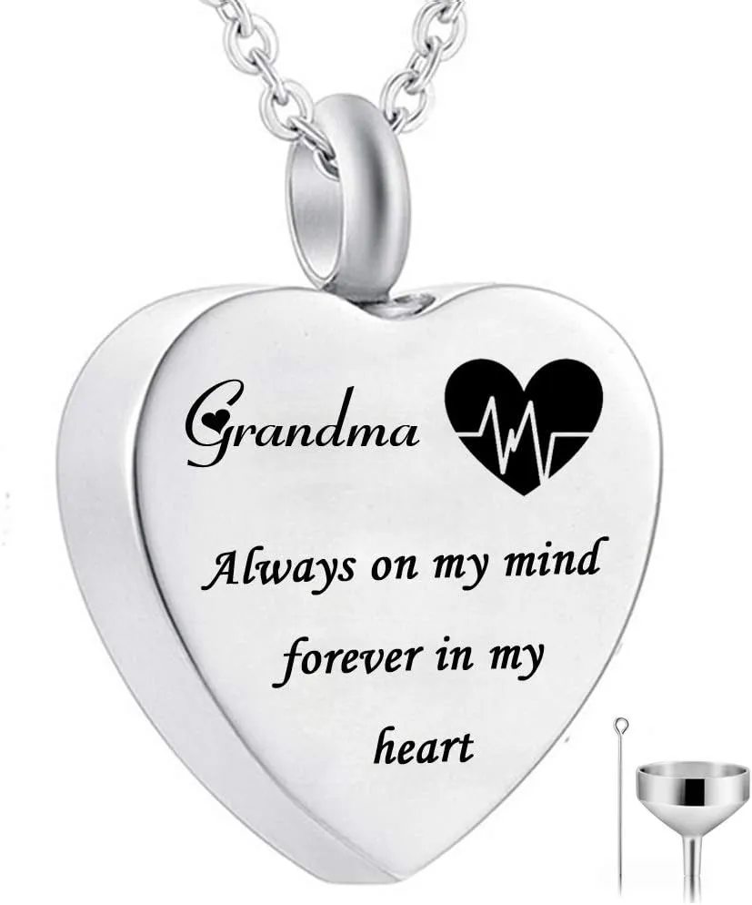 HQ Heart Urn Necklace for Ashes Always on My Mind Forever in My Heart Cremation Jewelry Memorial Ashes Keepsake Pendant Birthstone Jewelry (grandma)