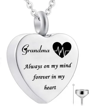 HQ Heart Urn Necklace for Ashes Always on My Mind Forever in My Heart Cremation Jewelry Memorial Ashes Keepsake Pendant Birthstone Jewelry (grandma)