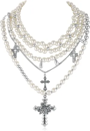 HZMAN Pearl Cross Necklace for Women - Gothic Choker, Stacked Pearls Jewelry Set for Wedding/Bridal/Everyday