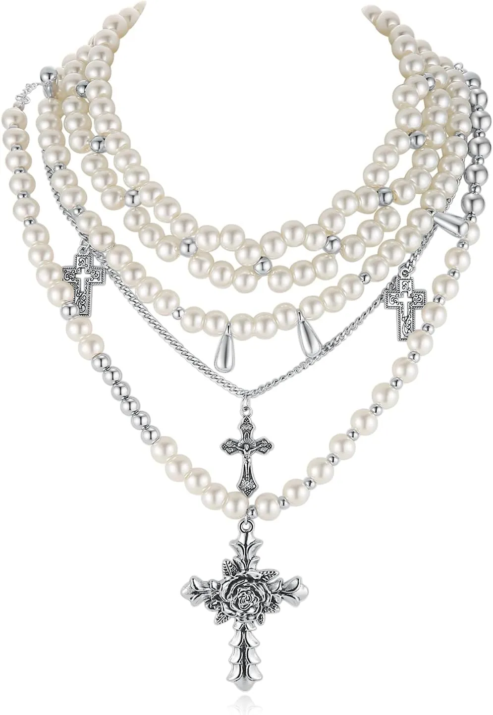 HZMAN Pearl Cross Necklace for Women - Gothic Choker, Stacked Pearls Jewelry Set for Wedding/Bridal/Everyday