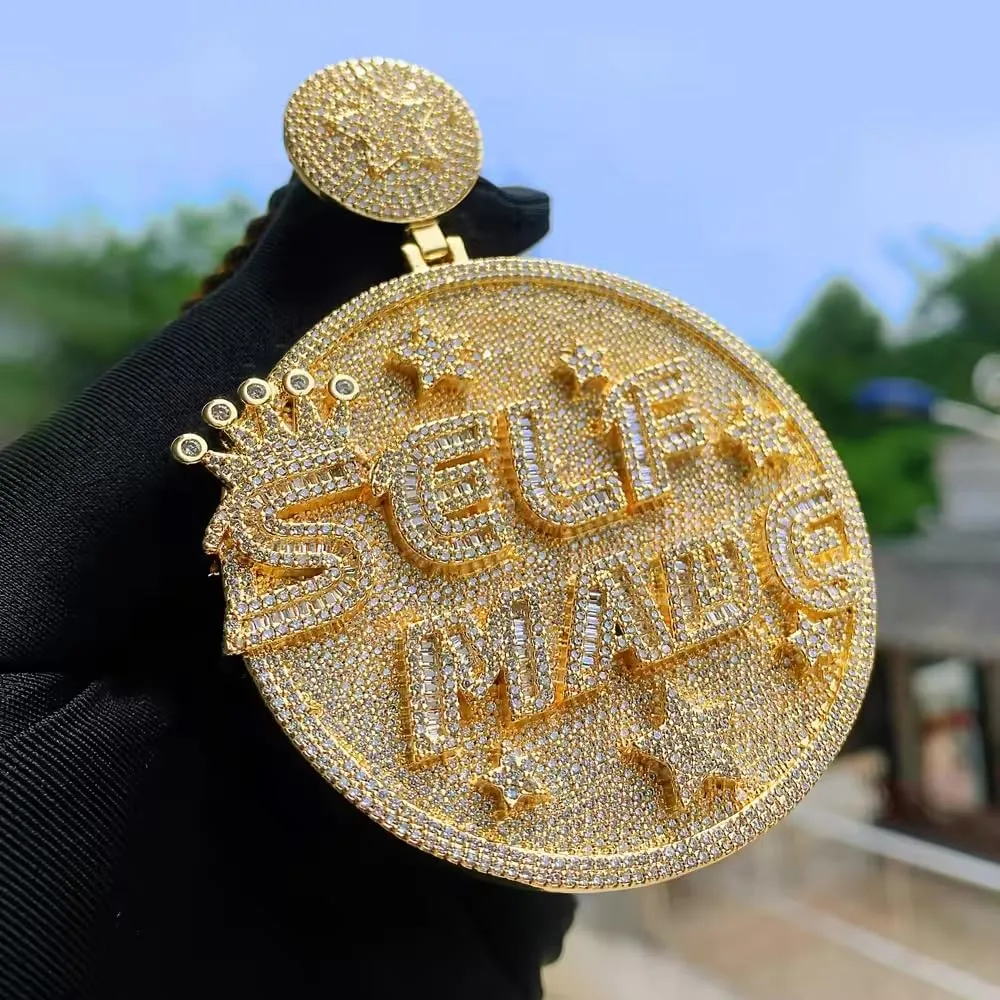 Iced Out Shiny Letter Self Made Round Medal Pendant with Round Stars Shape Necklace Jewelry