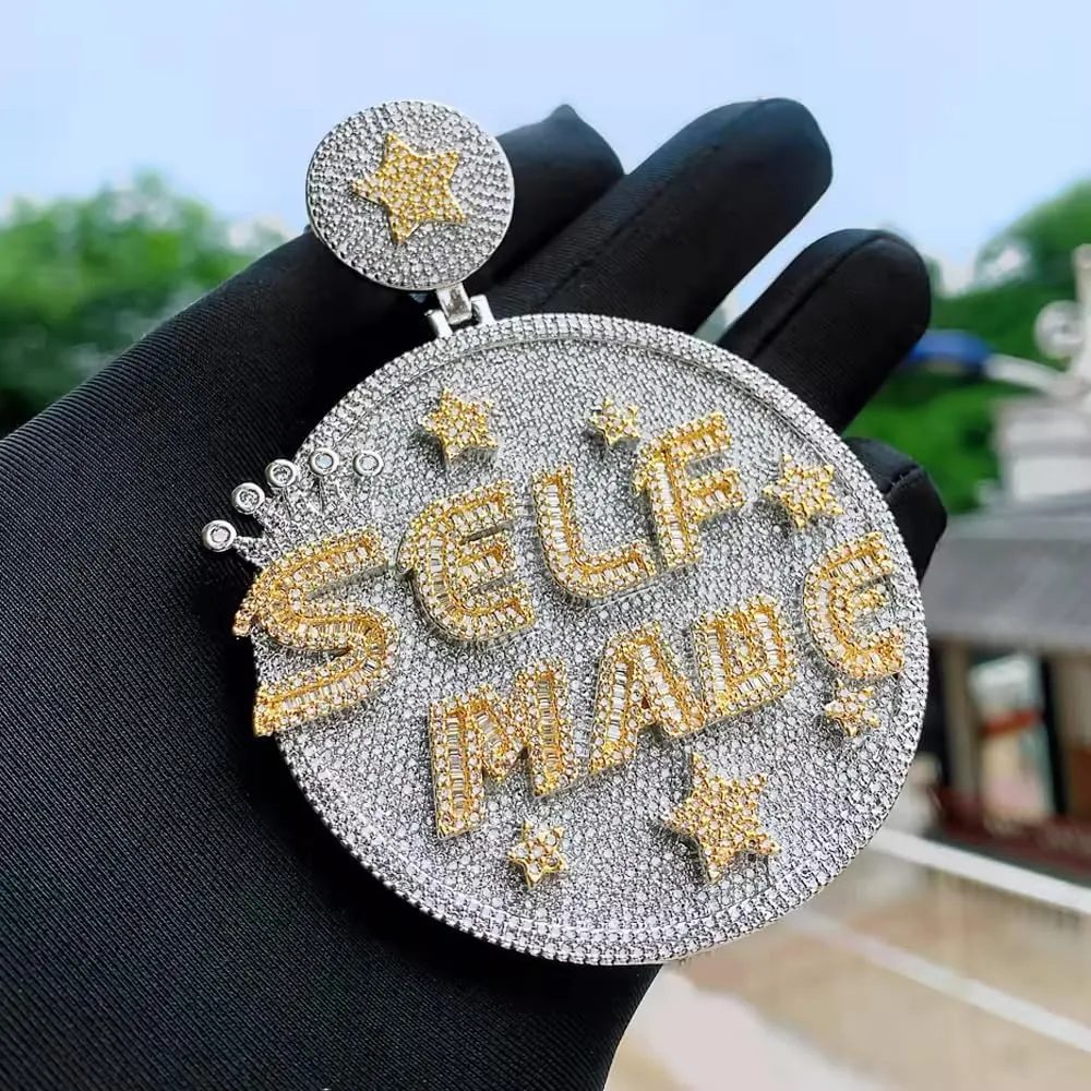 Iced Out Shiny Letter Self Made Round Medal Pendant with Round Stars Shape Necklace Jewelry