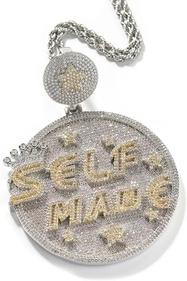 Iced Out Shiny Letter Self Made Round Medal Pendant with Round Stars Shape Necklace Jewelry