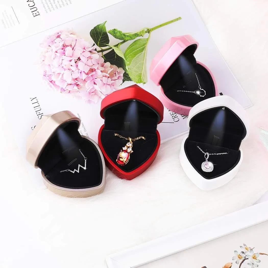 iSuperb Pendant Necklace Box with LED Light Heart Shape Jewelry Gift Box Bracelet Case for Anniversary Wedding Engagment (Red)
