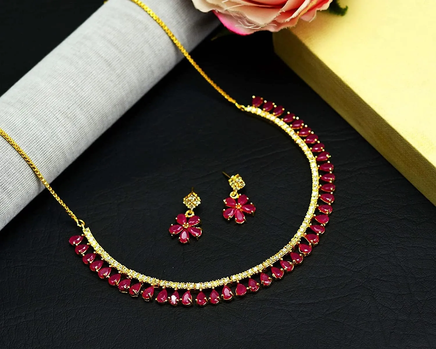 JewarHaat Indian Bollywood Necklace Set AD CZ Elegant Gold Plated Multi Stones Sparkling Crystals Choker with Earrings Fashion Jewellery for Women & Girls