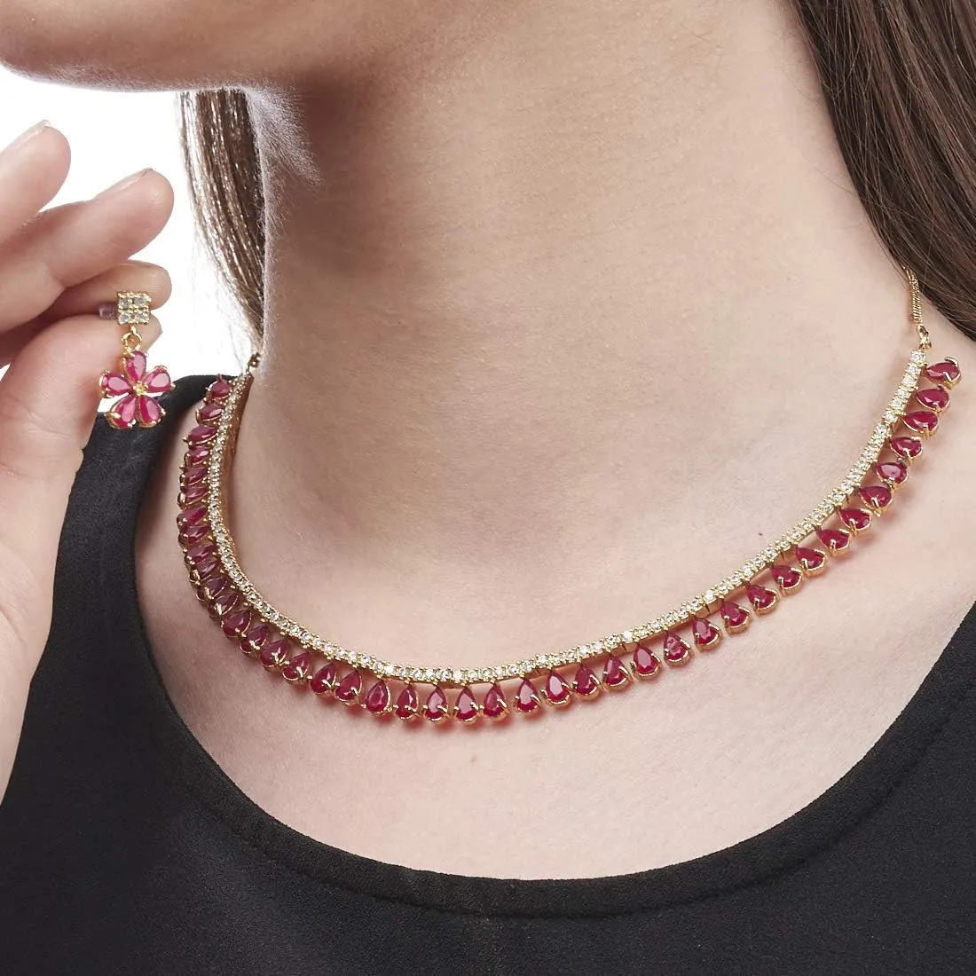 JewarHaat Indian Bollywood Necklace Set AD CZ Elegant Gold Plated Multi Stones Sparkling Crystals Choker with Earrings Fashion Jewellery for Women & Girls