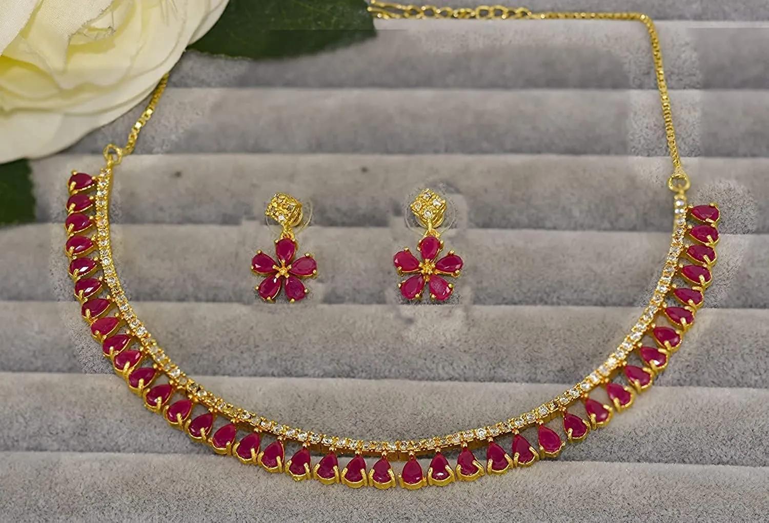 JewarHaat Indian Bollywood Necklace Set AD CZ Elegant Gold Plated Multi Stones Sparkling Crystals Choker with Earrings Fashion Jewellery for Women & Girls