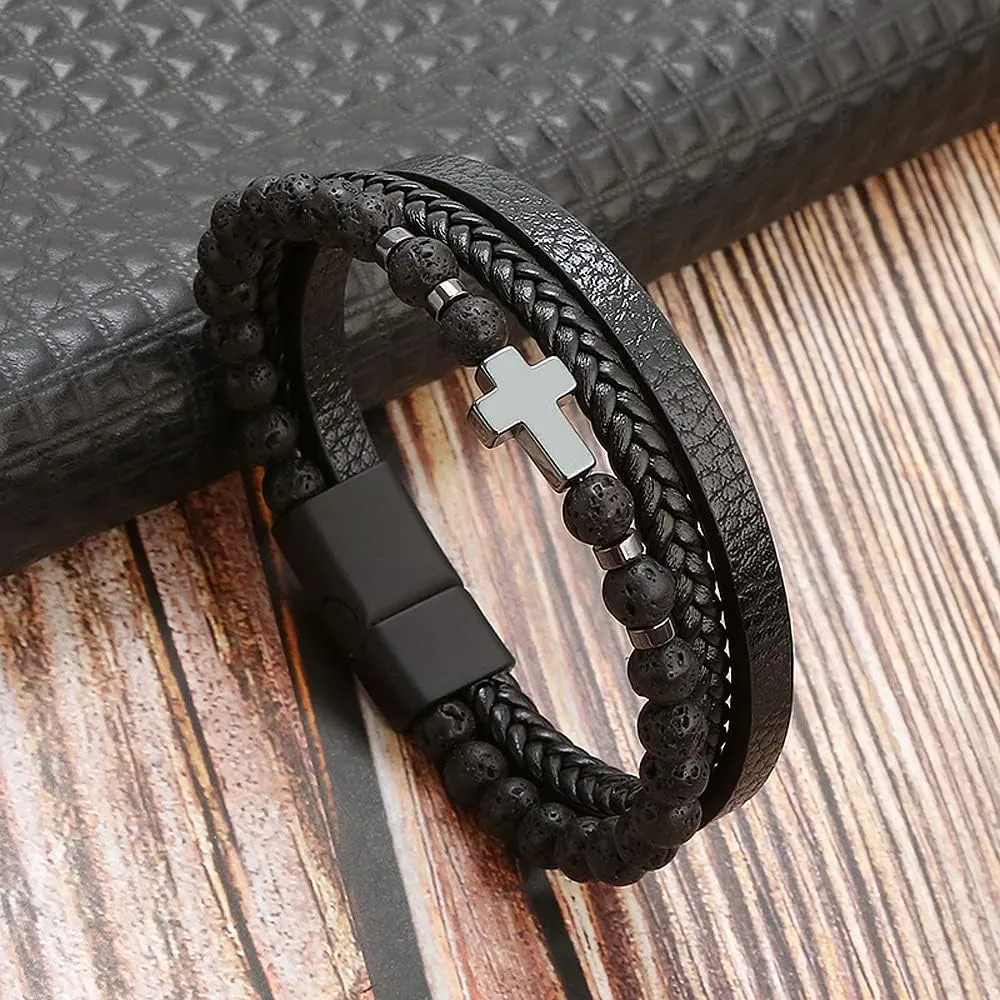 Jewbelet Leather Bracelet Men with Stainless Steel Clasp Beaded Multi Layer Braided Leather Bracelet Bangles Chain For Men Jewelry Gift