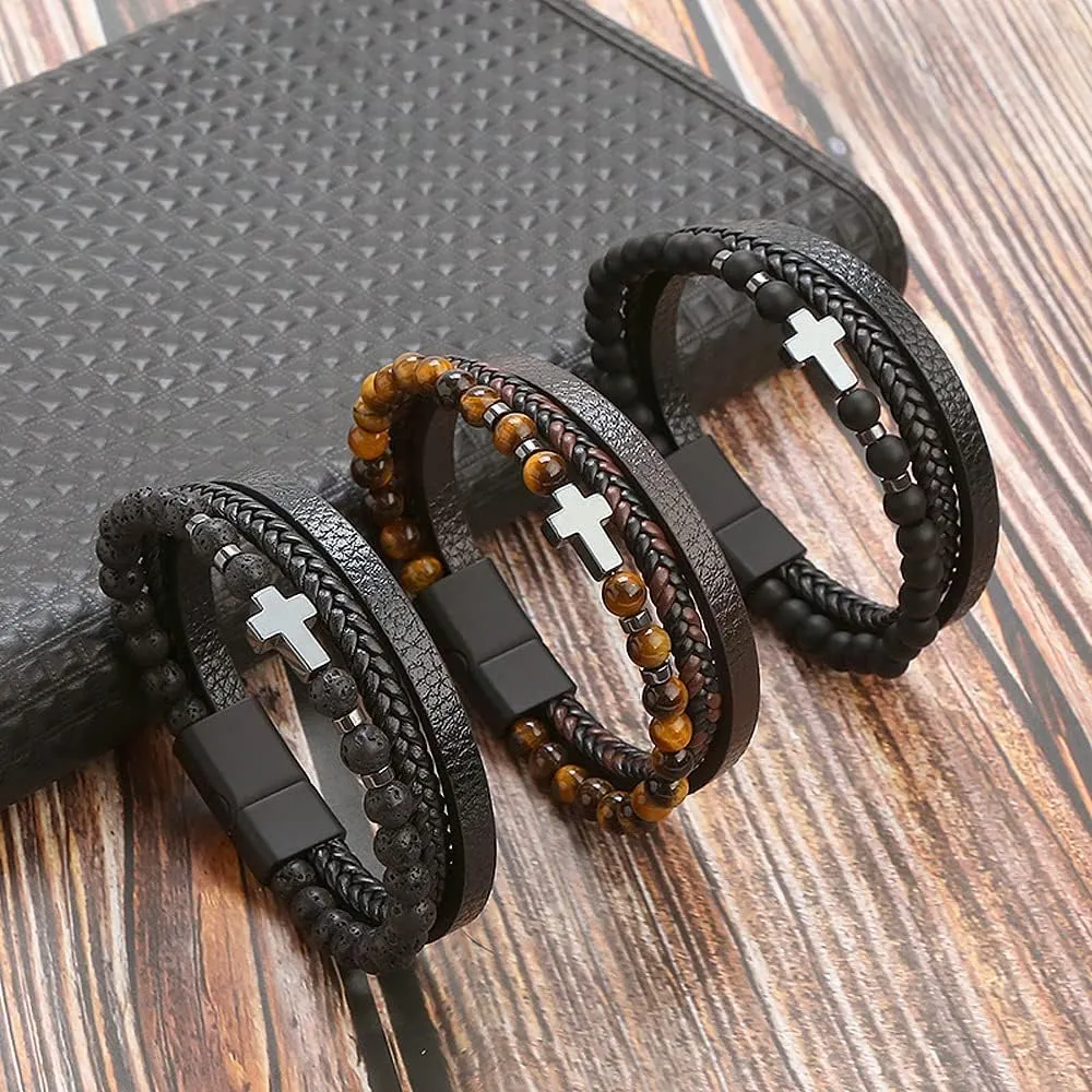 Jewbelet Leather Bracelet Men with Stainless Steel Clasp Beaded Multi Layer Braided Leather Bracelet Bangles Chain For Men Jewelry Gift